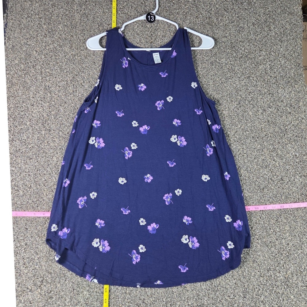 Old Navy Luxe Tank Top Women Large Navy Blue Floral Sleeveless Swing Scoop Neck